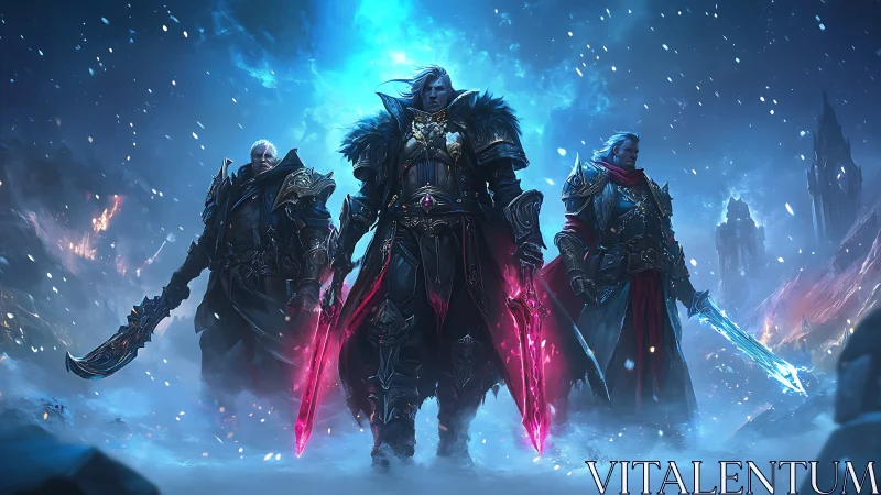 Frostbitten warlords stride through shattered twilight snow.