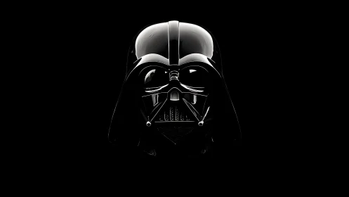 Iconic black sci‑fi helmet gleams against deep darkness.