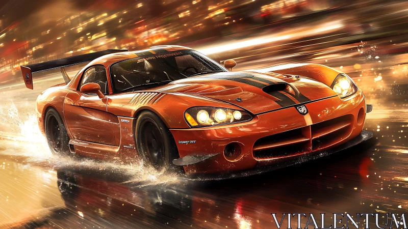 Orange race car moves through wet city street at speed