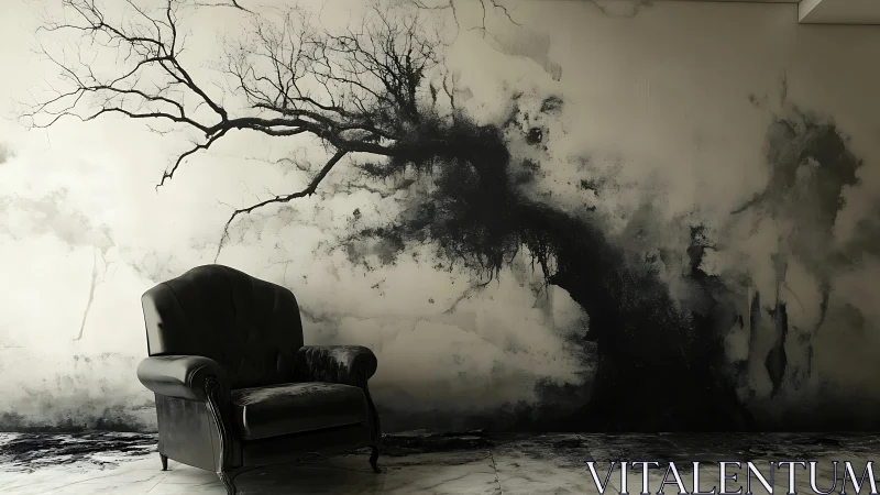 Dark leather armchair against abstract tree wall art.