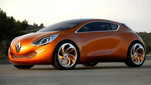 Aerodynamic orange Renault concept car rendered in photoreal detail