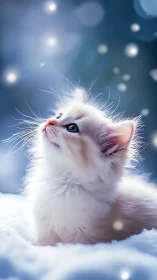 Magical White Kitten Gazes Wonderfully Into Snowy Starlight