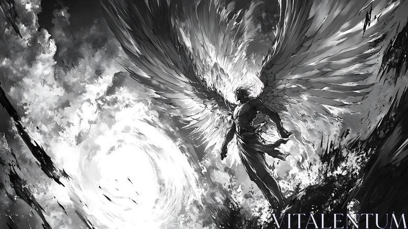 Storm-torn heavens accept a winged sentinel in blinding light