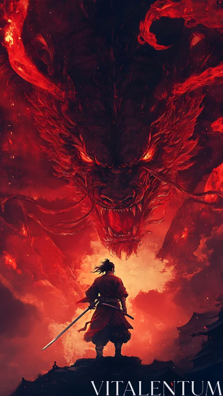 Samurai confronts colossal flaming dragon in molten sky