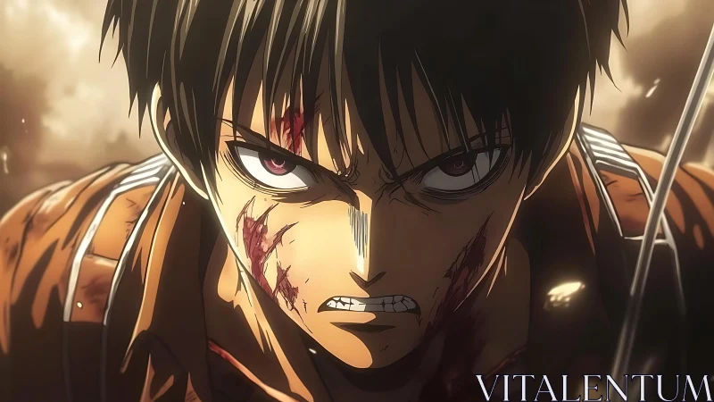 Injured anime soldier glares forward with intense determination