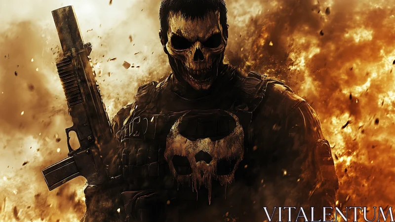 Armored skull-masked soldier stands amid high-intensity explosion