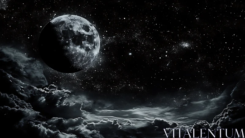 Dark lunar sky over dense night clouds in deep space.