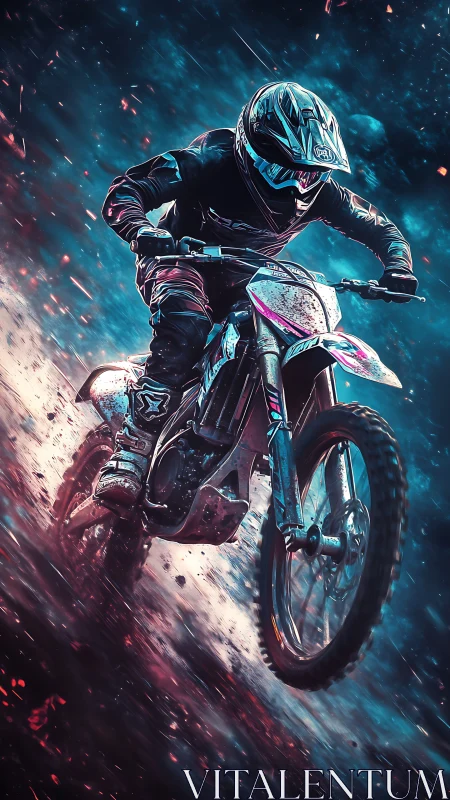 Motocross rider on dirt track with dynamic lighting effects.