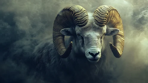Majestic ram portrait in moody stormlit digital art.