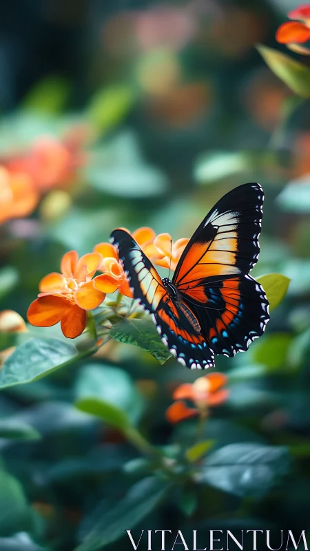 Vivid orange-black butterfly rests on flowers in shallow focus