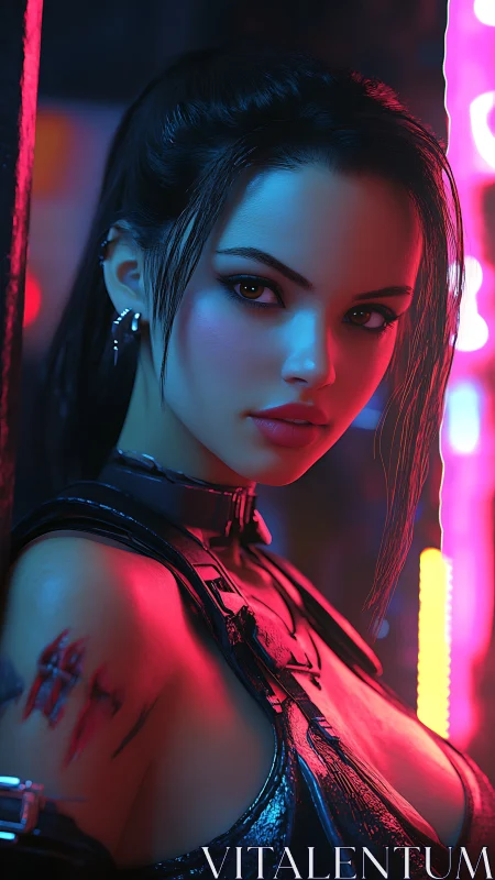 Cyberpunk woman in neon lighting with leather outfit.