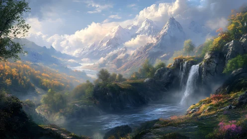 Quiet mountain waterfall where soft light meets misty peaks.