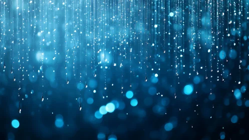 Blue bokeh rain streaks with luminous falling droplets.