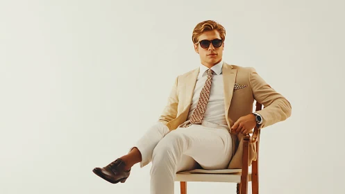 Stylish man in beige suit sits confidently against white