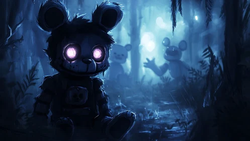 Haunted robot bear in eerie blue forest at night.
