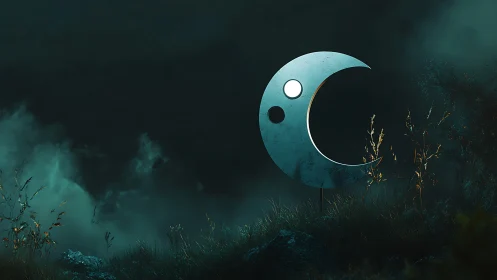 Metal crescent moon sculpture in foggy night field.