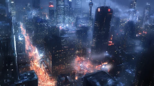 Neon city towers glow through stormy midnight rain haze