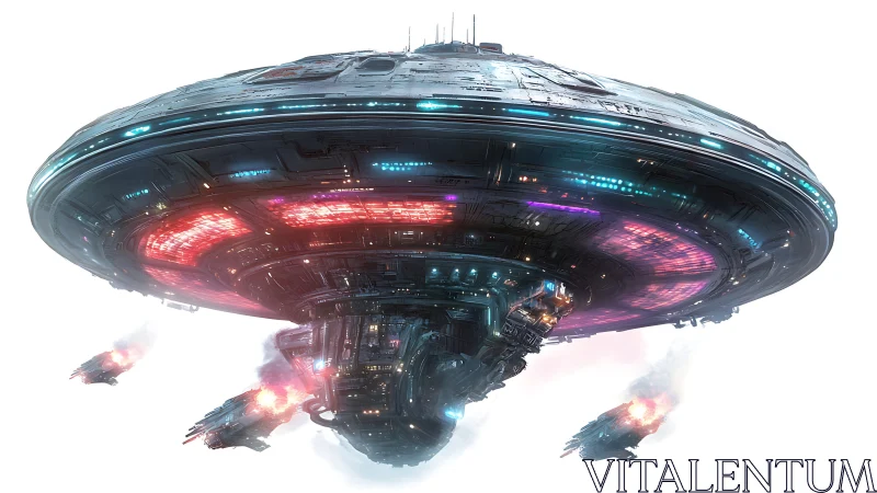 Circular spacecraft hovers with illuminated hull in open space