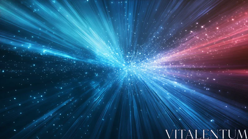 Cosmic light burst forms radiant blue and red energy field.