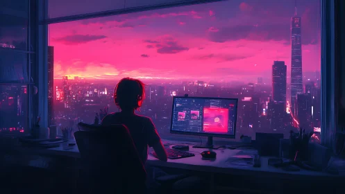 Person uses dual-monitor desktop overlooking neon cityscape at dusk