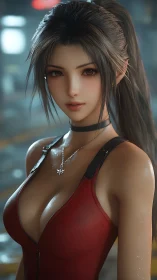 Digital portrait of strong brunette heroine in red top.