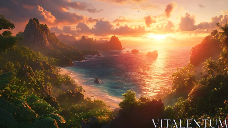 Tropical Sunset Over Coastal Peaks and Sea.