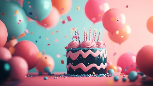 Joyful Birthday Celebration with Striped Cake and Balloons.