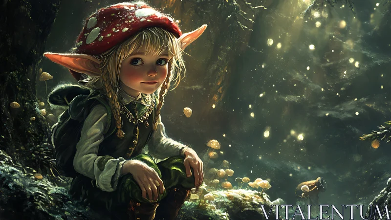 Forest elf child rests beneath glowing mushroom lights.