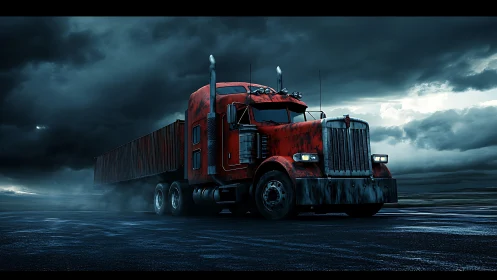 Red semi truck powers through stormy highway under clouds