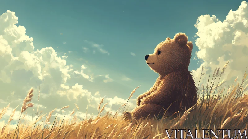 Sunlit plush bear observes drifting clouds in golden meadow