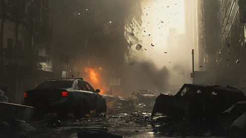 Storm-lit city ruins with drifting embers and broken streets.