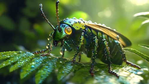 Jewelled beetle explorer resting on a sunlit fern leaf.