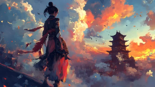 Skybound warrior gazes toward blazing sunset pagoda realm.