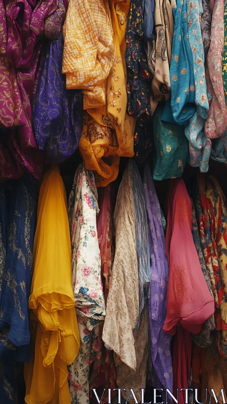 Layered Textile Display: Ornamental Fabric Assemblage with Chromatic Variation.