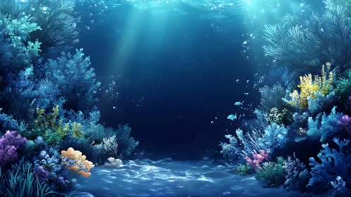Shimmering underwater garden glowing with peaceful blue light.