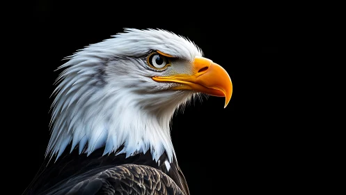 Bald eagle portrait in hyper-realistic style against black background.