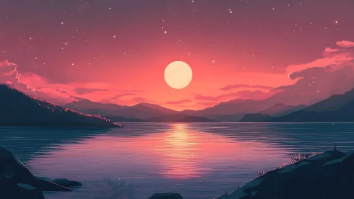Serene digital lake sunset with moonlit reflections.