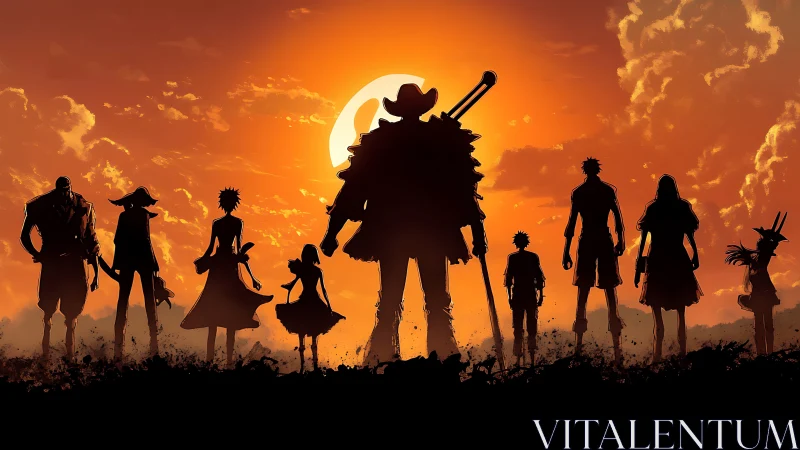 Silhouetted anime crew walking toward vivid sunset sky.