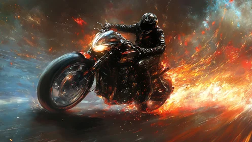 Blazing motorcycle rider carves a fiery path through night streets