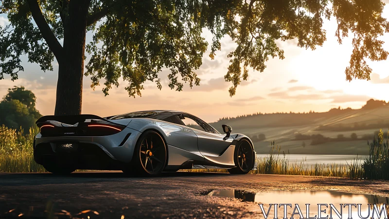 Sports car rendered near lakeside road at sunset light.