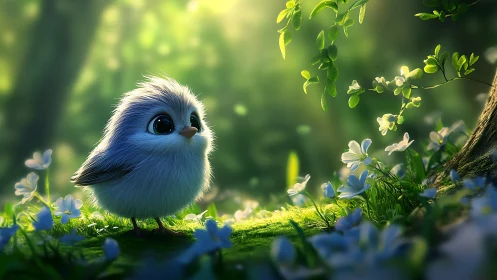 Adorable Fluffy Bird in Enchanted Forest, Digital Art Style.