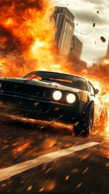 Muscle car storms fireball-filled city street escape