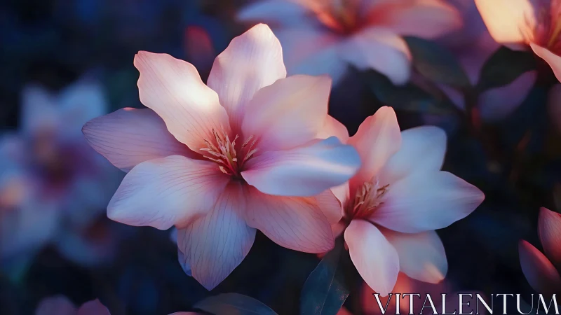 Translucent Pink Blossoms with Deep Red Centers Under Soft Blue Light