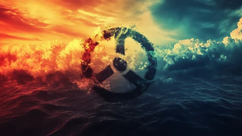 Peace symbol divides fiery sky and cool ocean horizon.