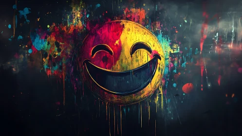 Neon graffiti smiley face glows against dark grunge wall