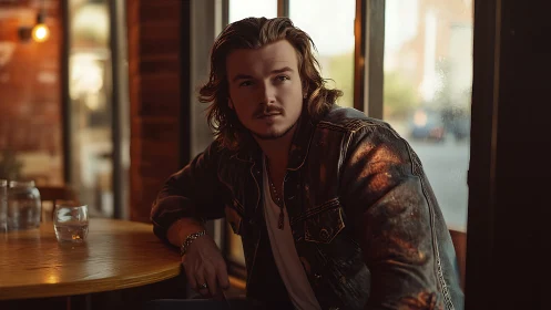 Man seated at caf&eacute; table in warm window light indoors