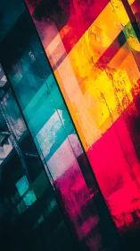 Vibrant diagonal color beams cut across a grunge surface.