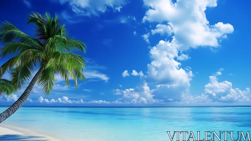 Tropical Beach Scene with Leaning Coconut Palm and Turquoise Water.