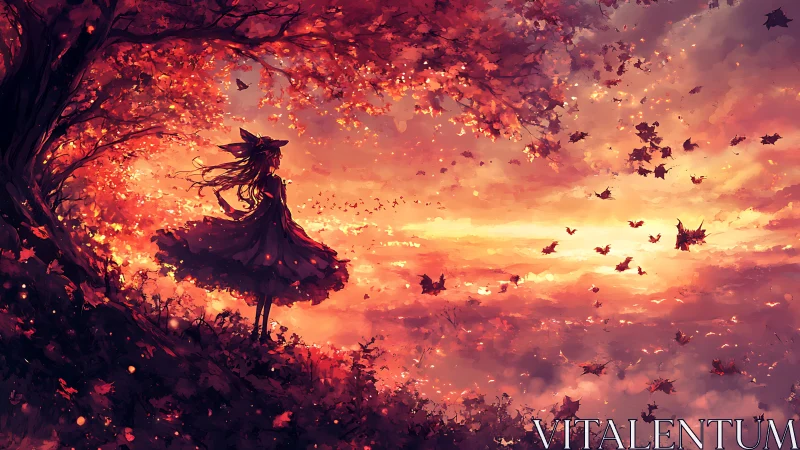 Autumn silhouette girl under scarlet sky with swirling leaves.