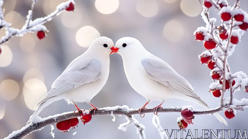 Two white birds kiss on frosted branch with red berries.
